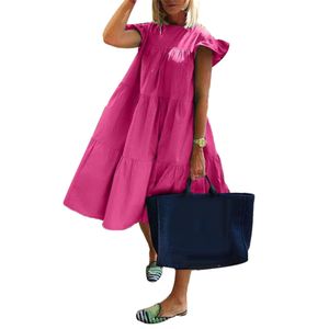Frauen lässig einfarbig O-Ausschnitt gekräuselt eine Linie Midi-Kleid—Rosenrot,Asiatische Größe:L