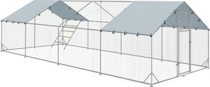 PawHut Hühnerstall Freilaufgehege aus Stahl, 300 x 800 x 195 cm Hühnerkäfig mit UV-beständiger Abdeckung, Futtertür, Hängefütterung, Sitzstange, Hühnergehege für 24-30 Hühner, Kleintiere, Silber