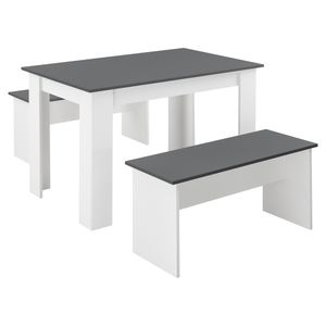 Tisch- und Bank Set 3 teilig Essgruppe für 4 Tisch 110 x 70 cm mit 2 Bänken Tischgruppe Sitzgruppe Weiß/Grau [en.casa]