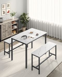 VASAGLE Esstisch, Küchentisch-Set mit 2 Bänken, 3er-Set, 110 x 70 x 75 cm, Marmorweiß-Tintenschwarz