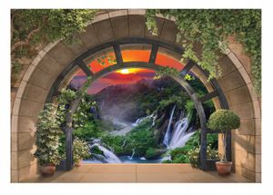Vlies Fototapete 3D EFFEKT Wasserfall (416x254cm - 4 Bahnen) Fenster Ausblick Natur inklusive Kleister Wohnzimmer Schlafzimmer Wandtapete Tapete Latexdruck UV-Beständig Montagefertig