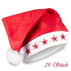 24x FSH Weihnachtsmützen mit 5 blickenden Sternen Nikolausmütze Weihnachtsmannmütze Uni inkl. Batterien