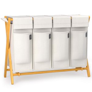 AdelDream Wäschekorb 4 Fächer,200 L,Bambus Wäschesammler Wäsche Sortiersystem X-förmige Wäschebox Hellgrau