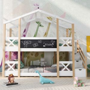 Sweiko Kinderbett 90x200cm Hausbett mit Ablagetreppe und Rausfallschutz, Etagenbett mit 2-lagigem Lattenrost, Natur und weiß