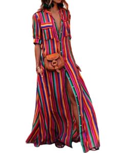 Damenhalb Ärmeln Sundress Summer Stripe Print Kleid Casual Lapel Shirt Kleid,Farbe:Rotwein,Größe:3xl