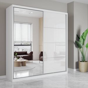 Schwebetürenschrank Kleiderschrank Schrank 203 cm Weiß/Weiß semigloss mit Spiegel und Zierleisten Pola 35 Schwebetürenschrank Kleiderschrank Schrank 203 cm Weiß/Weiß semigloss mit Spiegel und Zierleisten Pola 35