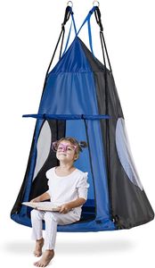 GOPLUS 100 cm Nestschaukel mit Zelt, Rundes Hängezelt, Gartenschaukel mit bis zu 100 kg Belastbar, 100–160 cm Verstellbar, mit Stahl-Rahmen, mit Tür (Blau)
