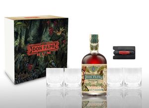 Don Papa Rum Baroko 0,7L (40% Vol) + 4 Tumbler mit Geschenkverpackung Glas Gläser + Handy Karten Halterung zum aufkleben Aged in Oak Rhum Ron- [Enthält Sulfite]