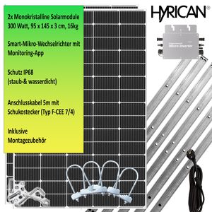 Hyrican  Solaranlage / Balkonkraftwerk WVC600, 600Watt 2x Solarpanel 300W, inkl. Montage-Kit, Monokristallin, (Montage-Komplett-Set), Mini-PV-Anlage (Stromerzeuger) für Ihr Haus, Plug & Play