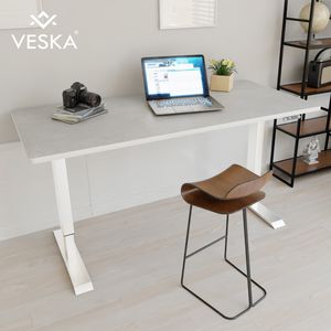 Höhenverstellbarer Schreibtisch (140 x 70 cm) - Sitz- & Stehpult - Bürotisch Elektrisch Höhenverstellbar mit Touchscreen & Stahlfüßen - Weiß/Stein-Grau