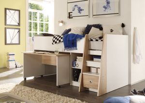Hochbett "PIERRE" Jugendbett Kinderbett Bett mit Stufen integriertem Schreibtisch in Eiche Sonoma Weiß