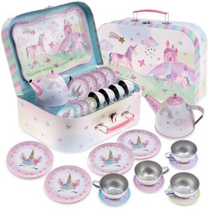 Jewelkeeper Spielzeug Zinn Teeservice Für Mädchen  Tragetasche Kindergeschirr Spielküche 15, Rosa Glitzer Einhorn