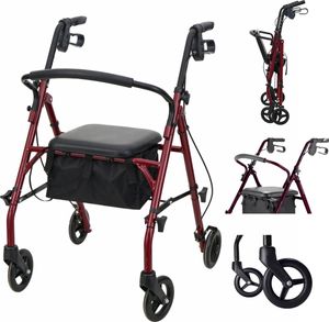 Medmotion® Rollator, Rollatory, komfortowe tapicerowane siedzisko z oparciem, składany, torba transportowa – do 136 kg - Czerwony