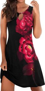 ASKSA Damen Sommerkleid Knielang Ärmellos Kleider Strandkleider Minikleid Freizeitkleid, Rot, M