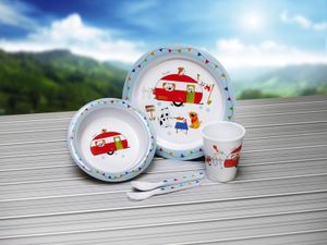 Kindergeschirr Set Melamin, Wohnwagen-Motiv, 5-teilig