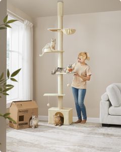 Feandrea škrabadlo stropní vysoké, 231-291 cm výškově nastavitelné xxl, vysoké víceúrovňové škrabadlo pro kočky, 11 cm silné sloupky béžová barva