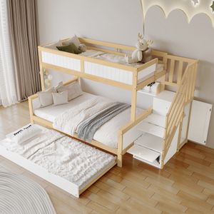 Flieks Etagenbett 90x200 / 120x200cm mit Ausziehbett, Hochbett mit Treppe, Kinderbett mit Ablagen, Stockbett mit Rausfallschutz und Lattenrost Flieks Etagenbett 90x200 / 120x200cm mit Ausziehbett, Hochbett mit Treppe, Kinderbett mit Ablagen, Stockbett mit Rausfallschutz und Lattenrost