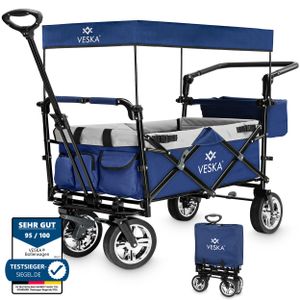 Skladací ručný vozík so strechou Ručný vozík Prepravný vozík, 2-miestny s 3-bodovým pásovým systémom, skladací, plné gumové pneumatiky, do 80 kg, predná a zadná brzda + prepravná taška - modrá/sivá