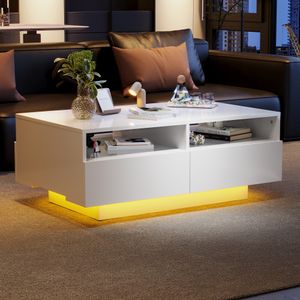 Merax Couchtisch mit Schubladen und Stauraum inkl. LED, Wohnzimmertisch hochglanz Beistelltisch Kaffetisch Sofatisch, Weiß