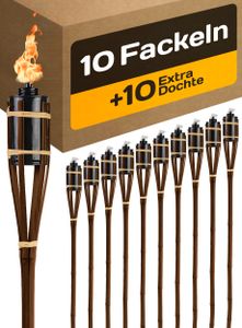 10 Gartenfackeln für Draußen aus Bambus Braun - Lange Brenndauer - Nachfüllbar - Ink. 10 extra Dochten - 90cm
