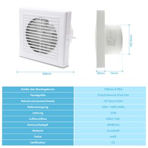 Wolketon Koupelnový ventilátor Nástěnný ventilátor Tichý bílý WC 150 mm s vodicí deskou pro zpětný tok