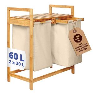Lumaland Wäschekorb aus Bambus mit 2 ausziehbaren Wäschesäcken - Größe ca. 73 cm Höhe x 64 cm Breite x 33 cm Tiefe - Farbe Beige