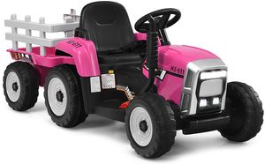 COSTWAY 12V třírychlostní traktor s odpojitelným přívěsem a dálkovým ovládáním 2.4G, dětský traktor na ježdění s LED světly, hudbou, klaksonem, funkcemi Bluetooth a USB, vhodný pro děti od 3 let (růžový)