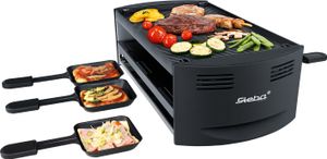 Pizza-Raclette mit 2 getrennt schaltbaren Heizspiralen,Wendbare, antihaftbeschichtete Grillplatte aus Alu-Druckguss, 6 antihaftbeschichtete Pfännchen