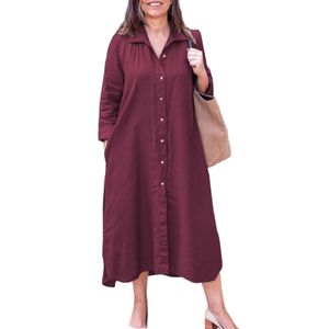 Damen Blusenkleider Ein Linie Hemd Kleid Lässige Midi  Kleider Elegant Mit Taschen Urlaub Weinrot,Größe:3xl