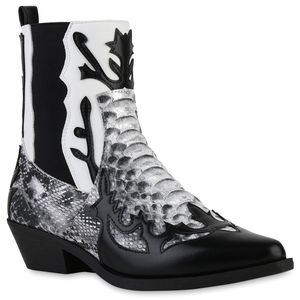 VAN HILL Damen Cowboy Boots Stiefeletten Spitz Print Schuhe 840900, Farbe: Schwarz Weiß Snake, Größe: 37