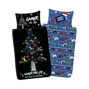 Sada ložního prádla "Gamer For Life", vánoční design AG2579 (jednolůžko) (černá/modrá)