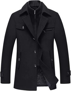 ASKSA Pánský středně dlouhý zimní vlněný kabát Zimní bunda, černá, 4XL