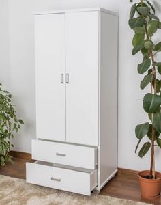 Schmaler Kleiderschrank | 2 Drehtüren | 2 Schubladen | 1 Fach | mit Kleiderstange | 80 cm breit | Massivholz | Farbe: Weiß