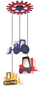 Globo Lighting Hängeleuchte MDF dunkel dunkel, blau, rot, gelb, Höhe kürzbar,  3 Hänger, je 1 x Bagger, Stapler, Schubraupe, ø: 550mm, H: 1200mm, exkl. 3x E14 ILLU 40W 230V