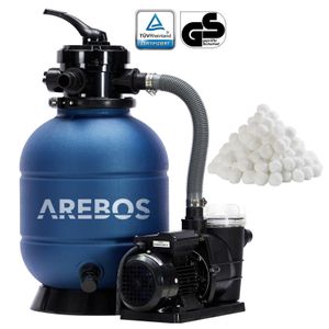 AREBOS Sandfilteranlage mit Pumpe inkl. 700g Filterbälle | Blau | 400W | 10.200 L/h | Tankvolumen bis zu 20 kg Sand | 7 - Wege Ventil mit Griff