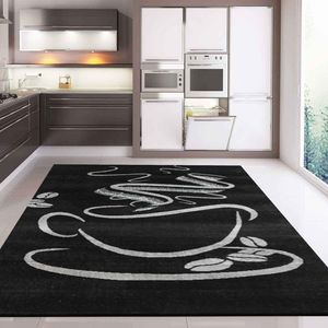 Küchenteppich Schwarz Trendiger Kaffee Teppich, Cappuccino Muster Tasse Kurzflor, Maße:140x200 cm