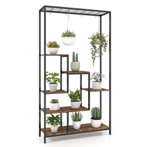 COSTWAY 6-stufiger hoher Pflanzenständer, 180 cm hohes Zimmerpflanzenregal aus Metall mit 10 S-Haken & Gitterablage für mehrere Pflanzen Schwarz