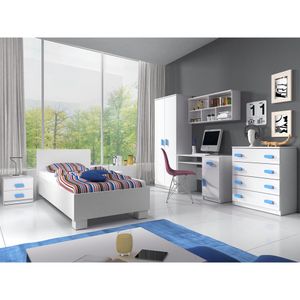 Kinderzimmer-Set Schrank Bett Wandregal Kommode Schreibtisch Nachttisch  blaue Griffe Jonas I 01 (Weiß/Weiß)