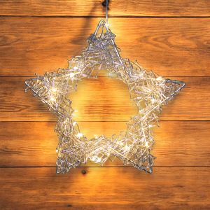 LED Draht Stern zum Hängen 30cm - silber - Fenster Deko Weihnachten Advent 35 LED warm weiß mit Timer Batterie betrieben