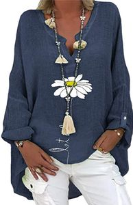 Bluse Damen Sommer Tunika Leinenbluse Damen V-Ausschnitt Große Größen Blusenshirt Damen Langarmshirt Leinen Baumwolle Hemd Oberteile Druck Shirt,Navy,XL