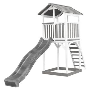 AXI Beach Tower Spielturm aus Holz in Weiß & Grau | Spielhaus für Kinder mit grauer Rutsche und Sandkasten | Stelzenhaus für den Garten
