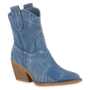 VAN HILL Damen Cowboy Boots Stiefeletten Spitze Denim Stickereien Schuhe 840975, Farbe: Hellblau Denim, Größe: 39