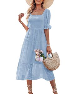 Damen Sommerkleider Puffärmel Maxikleider Langes Kleid Bohemian Freizeitkleider Himmelblau,Größe M