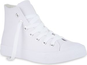 Mytrendshoe Damen Sneaker High Basic Canvas Turnschuhe Schnürer Freizeitschuhe 826091, Farbe: Weiß Weiß, Größe: 45