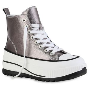 VAN HILL Damen Plateau Sneaker Schnürer Wedge Profil-Sohle Plateau-Schuhe 841126, Farbe: Grau Metallic, Größe: 36