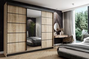 Schiebetürenschrank AMO 250x200, Kleiderschrank, 3-türig, mit Spiegel - Sonoma Eiche (Korpus, Tür) + Schwarz (Lamellen und Leisten)