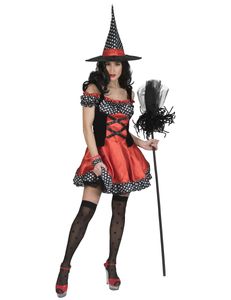 Hexen-Kostüm für Damen mit Polka-Dots Halloweenkostüm rot-schwarz-weiss