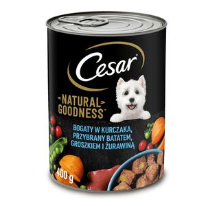 Cesar Natural Goodness – Terrine für ausgewachsene Hunde, reich an Huhn, gefüllt mit Süßkartoffel, Erbsen & Preiselbeeren, feuchtes ohne Getreide, 6 Dosen à 400 g