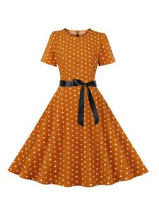 Damen Cocktailkleider Rockabilly Kleider 50er Jahre Vintage Kleid Swing Sommerkleid Gelb,Größe M