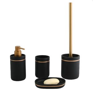 Spirella Badezimmer Set, 4-teiliges Badzubehör aus Polyresin Bly Seifenspender, Seifenschale, WC Bürste und Zahnputzbecher matt Schwarz und Gold